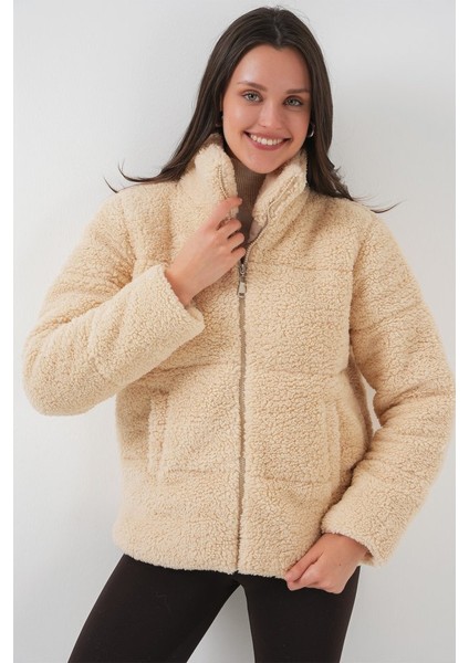 5178 Astarlı Peluş Mont - Krem indirimleri