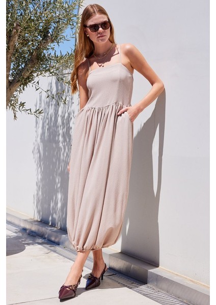 Fh Fashionhere 2492 Askılı Örme Salopet Elbise - Bej