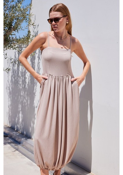 Fh Fashionhere 2492 Askılı Örme Salopet Elbise - Bej