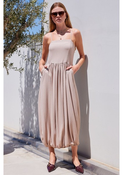 Fh Fashionhere 2492 Askılı Örme Salopet Elbise - Bej