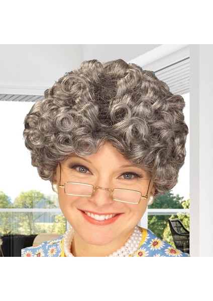 Gri Renk Kıvırcık Yaşlı Peruk Büyükanne Peruğu Astarlı Bonus - 1OL6556-8422
