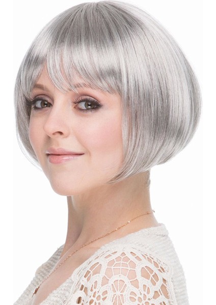 Gri Gümüş Renk Düz Kesim Astarlı Küt Parti Peruğu - 1OL2778-9084
