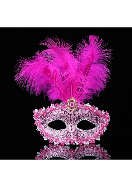 Pembe Dantel Işlemeli Pembe Tüylü Balo Parti Maskesi 17X20 cm - 1OL9373-4721