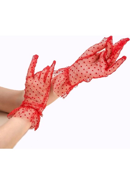 Kısa Boy Güpürlü Kırmızı Puantiyeli Tül Eldiven Kırmızı Renk - 1OL6940-9935