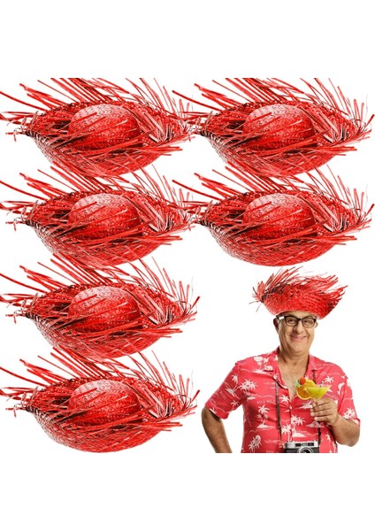 Tropikal Parti Kırmızı Hasır Hawaii Şapkası 13X36 cm - 1OL8605-9973 fiyatları