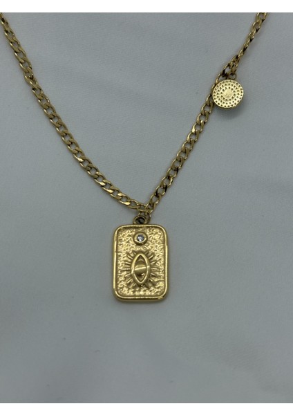 Mavi Taşlı Altın Renk Tarot Kolye 50 cm 316L Paslanmaz Çelik Kadın Kolye
