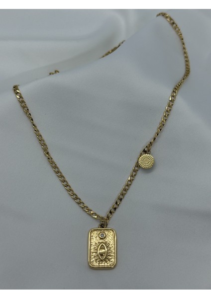 Mavi Taşlı Altın Renk Tarot Kolye 50 cm 316L Paslanmaz Çelik Kadın Kolye