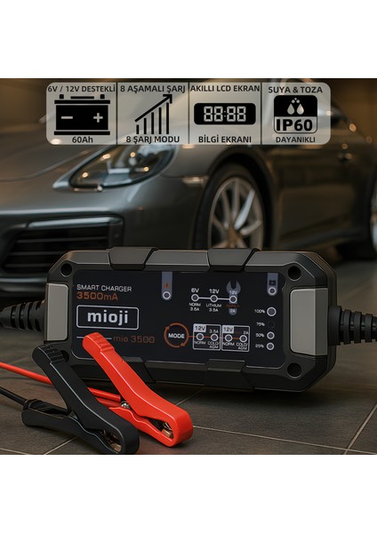 Mio 3500 3.5A 6V ve 12V Araba Şarj, Akü Bakım, Damlama Şarj Cihazı ve Motosiklet, ATV, Lityum ve Derin Döngülü Aküler için Kükürt Giderici Akıllı Akü Şarj Cihazı