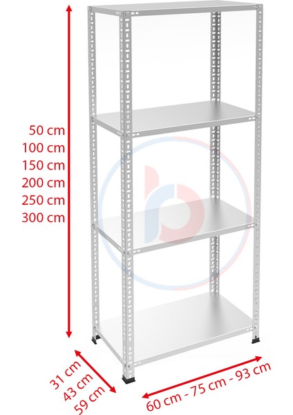 4 Katlı Galvaniz Çelik Raf - Depo, Arşiv, Kiler, Dosya, Market Rafı - 31x60 cm-100 cm-1.00 mm