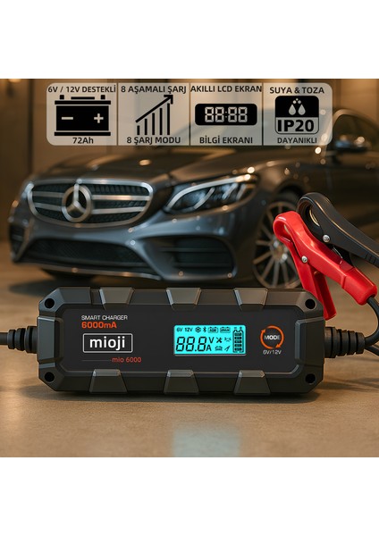 Mio 6000 6A 6V ve 12V Araba Şarj, Akü Bakım, Damlama Şarj Cihazı ve Motosiklet, ATV, Lityum ve Derin Döngülü Aküler için Kükürt Giderici Akıllı Akü Şarj Cihazı