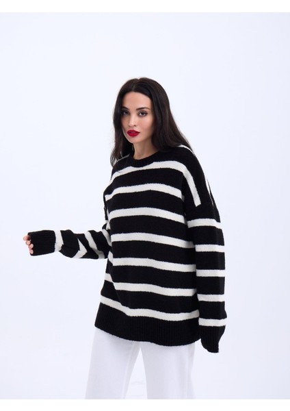 Fh Fashionhere 43111 Triko Çizgili Salaş Kazak-Siyah-Ekru fiyatları