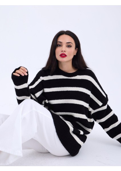 Fh Fashionhere 43111 Triko Çizgili Salaş Kazak-Siyah-Ekru modelleri