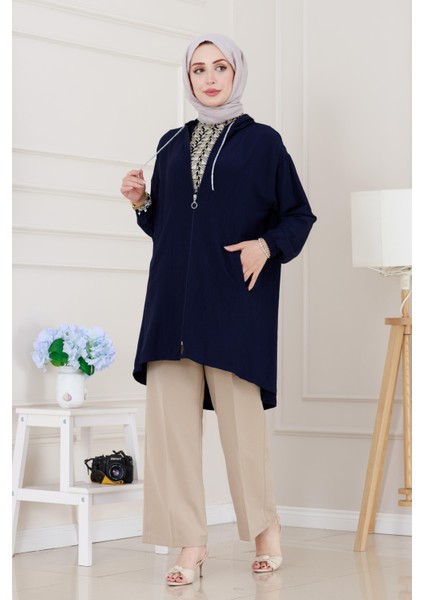 Kapüşonlu Fermuarlı Zeze Kap-Lacivert