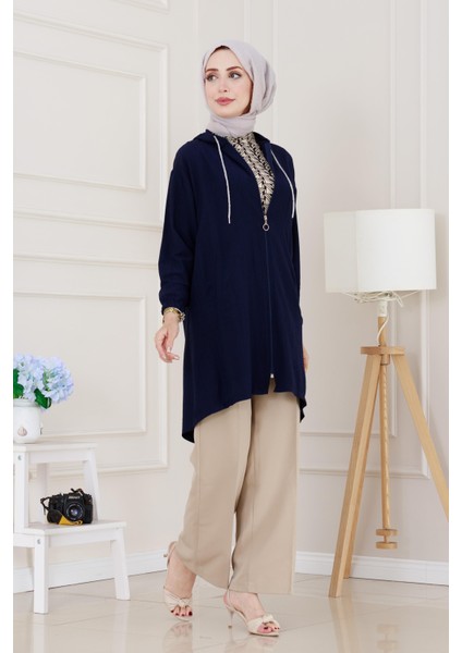 Kapüşonlu Fermuarlı Zeze Kap-Lacivert fiyatları