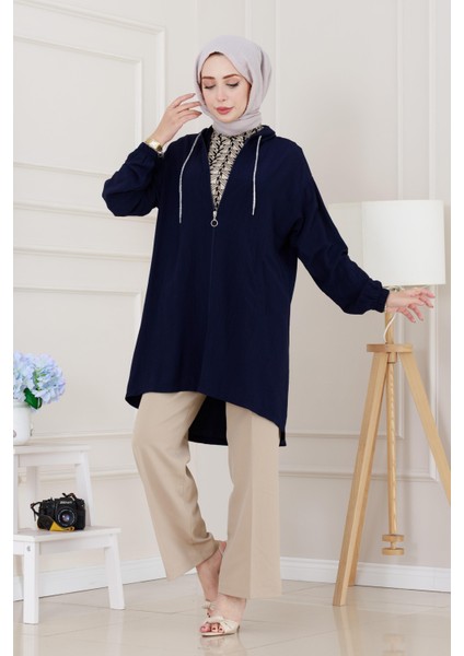 Kapüşonlu Fermuarlı Zeze Kap-Lacivert modelleri