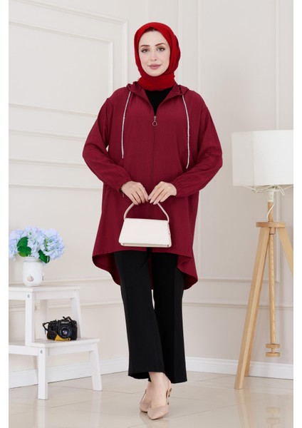 Kapüşonlu Fermuarlı Zeze Kap-Bordo