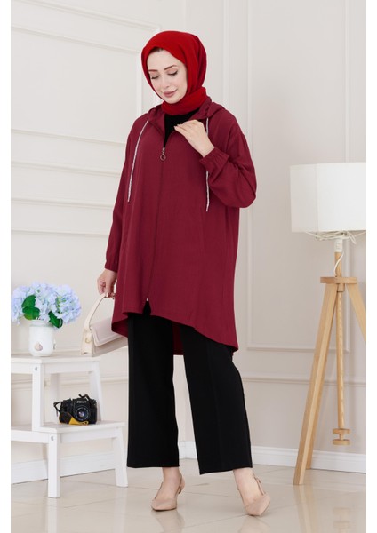 Kapüşonlu Fermuarlı Zeze Kap-Bordo modelleri