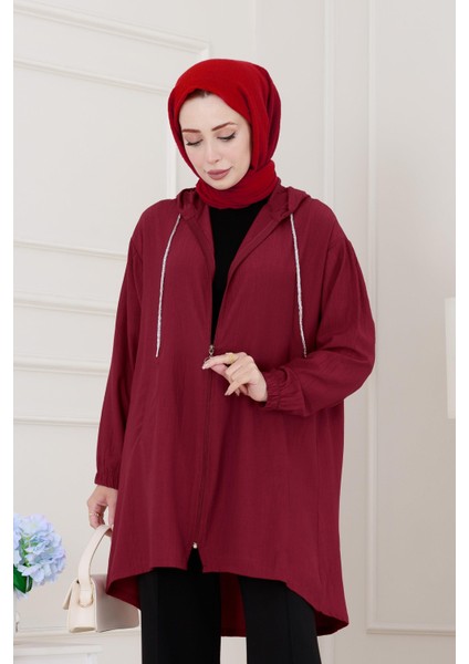 Kapüşonlu Fermuarlı Zeze Kap-Bordo fırsatları
