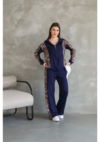 Fh Fashionhere Osy Modal Yumuşak Dokulu Kumaş Kapüşonlu Leopar Desenli Fermuarlı Takım - Lacivert