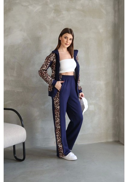 Fh Fashionhere Osy Modal Yumuşak Dokulu Kumaş Kapüşonlu Leopar Desenli Fermuarlı Takım - Lacivert