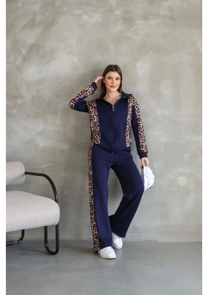 Fh Fashionhere Osy Modal Yumuşak Dokulu Kumaş Kapüşonlu Leopar Desenli Fermuarlı Takım - Lacivert