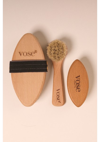 3' Lü Set Doğal At Kılı Fırçası (Black Rose) + Yüz Fırçası + Tırnak Fırçası