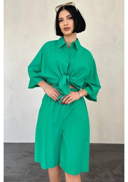 Fh Fashionhere Yeşil Kısa Kollu Keten Gömlek ve Şort Takım