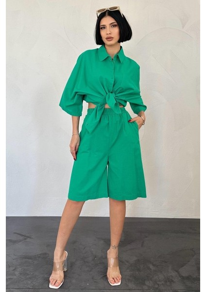Fh Fashionhere Yeşil Kısa Kollu Keten Gömlek ve Şort Takım