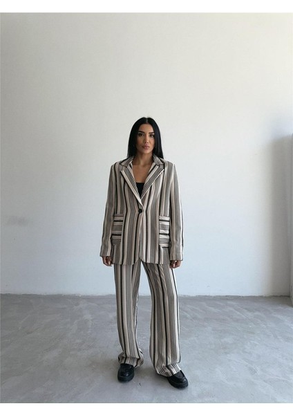 Fh Fashionhere Ottoman Çizgili Ceket-Pantolon Tk - Bej indirimleri
