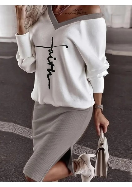 Fh Fashionhere Kadın Uzun Kollu V Yakalı Iki Iplik Bluz ve Şardonlu Kaşkorse Etek Ikili Takım