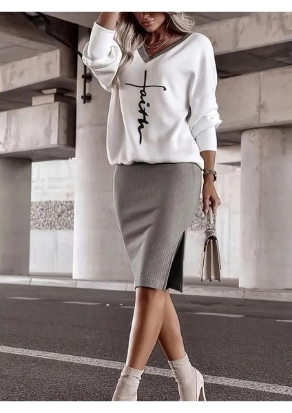 Fh Fashionhere Kadın Uzun Kollu V Yakalı Iki Iplik Bluz ve Şardonlu Kaşkorse Etek Ikili Takım modelleri