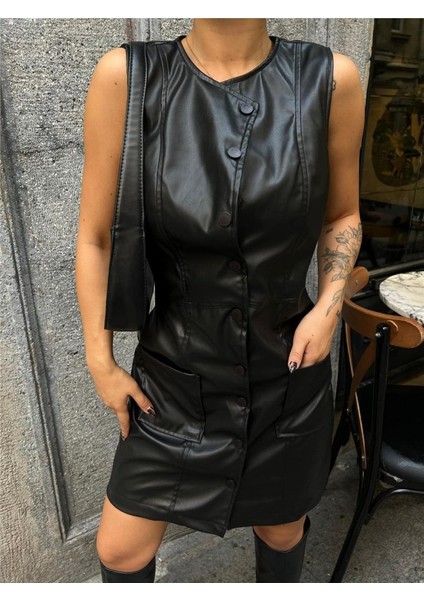 Fh Fashionhere Jile Deri Elbise Önden Düğmeli Cep Detaylı - Siyah