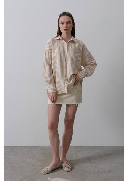 Fh Fashionhere Tek Cep Çizgili Gömlek - Bej-Taba