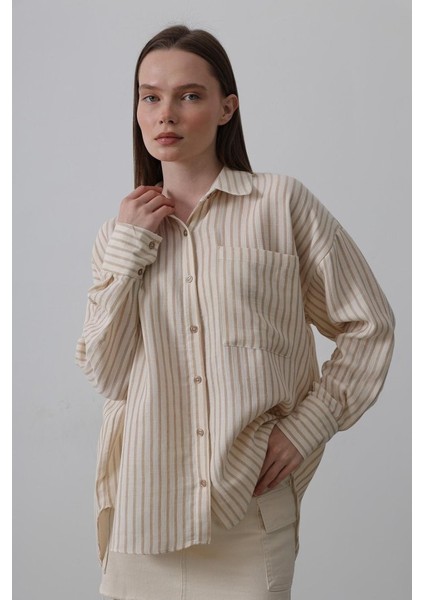 Fh Fashionhere Tek Cep Çizgili Gömlek - Bej-Taba
