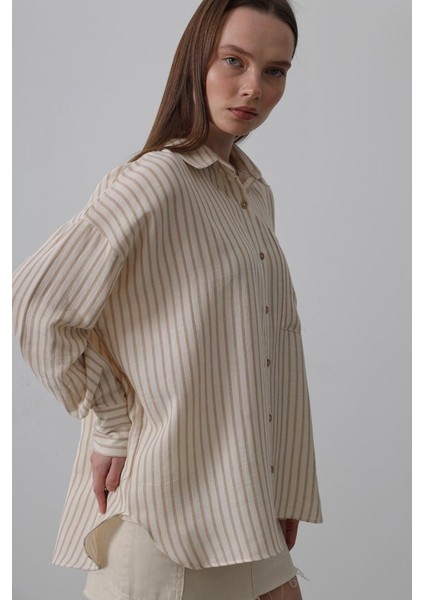 Fh Fashionhere Tek Cep Çizgili Gömlek - Bej-Taba