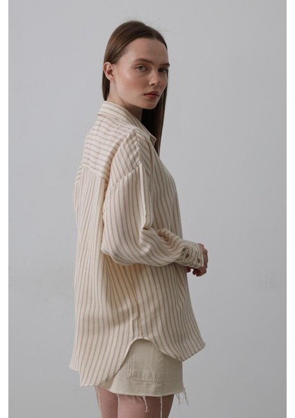 Fh Fashionhere Tek Cep Çizgili Gömlek - Bej-Taba