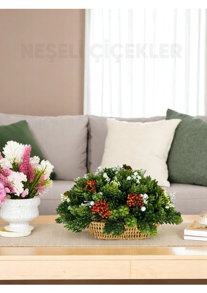 Yapay Çiçek Doğal Görünümlü Yapay Sukulent & Çiçek Aranjmanı Rattan Sepette Dekoratif Tasarım 30 x 20 cm Masa Üstü Dekor