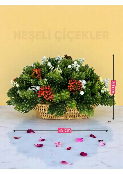 Yapay Çiçek Doğal Görünümlü Yapay Sukulent & Çiçek Aranjmanı Rattan Sepette Dekoratif Tasarım 30 x 20 cm Masa Üstü Dekor