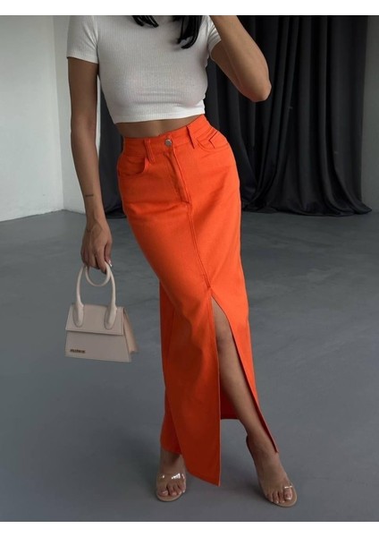 Fh Fashionhere Gabardin Uzun Önden Yırtmaçlı Etek - Turuncu