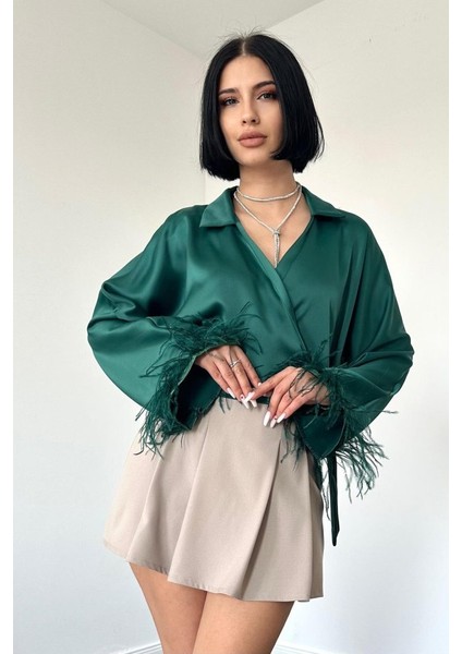 Fh Fashionhere Zümrüt Kolları Tüylü Saten Crop