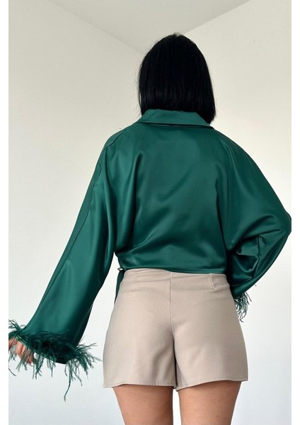 Fh Fashionhere Zümrüt Kolları Tüylü Saten Crop modelleri