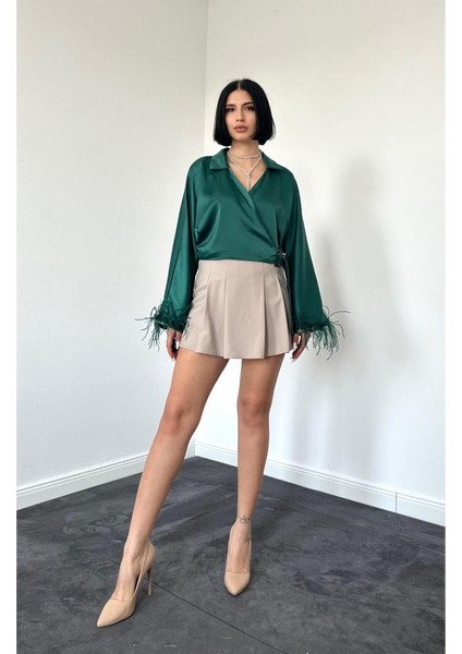 Fh Fashionhere Zümrüt Kolları Tüylü Saten Crop indirimleri