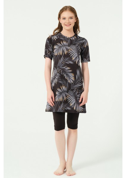 Üstü Desenli Yarı Kapalı Tesettür Mayo 24712-25 Antrasit