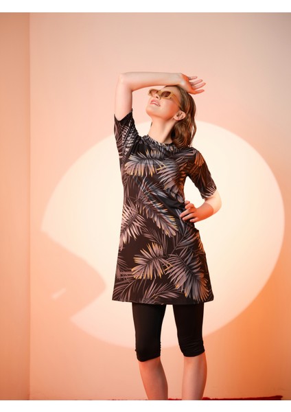 Üstü Desenli Yarı Kapalı Tesettür Mayo 24712-25 Antrasit indirimleri