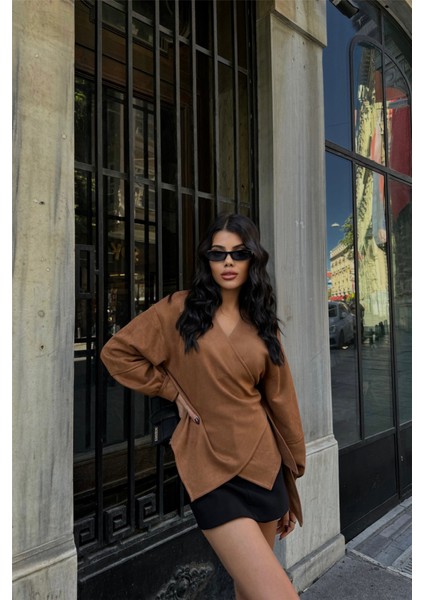 Fh Fashionhere Süet Kruvaze Bluz Bağlama Detaylı - Taba