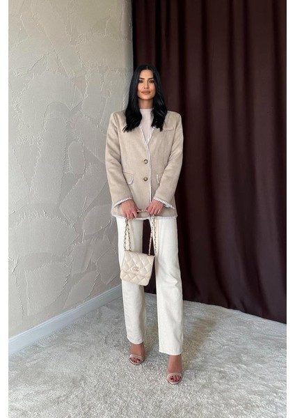 Fh Fashionhere Bej Çizgili Astarlı Garnili Süet Ceket