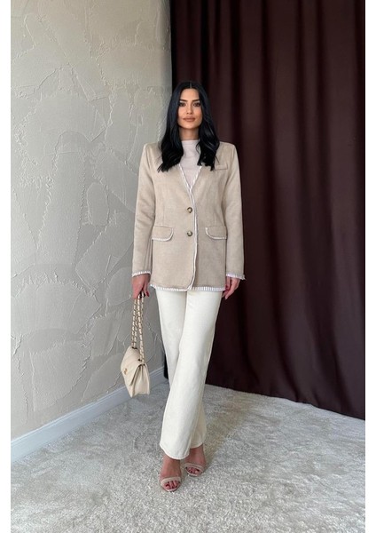 Fh Fashionhere Bej Çizgili Astarlı Garnili Süet Ceket
