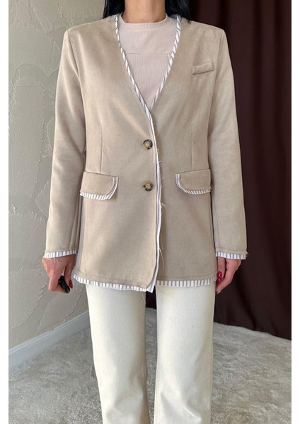 Fh Fashionhere Bej Çizgili Astarlı Garnili Süet Ceket