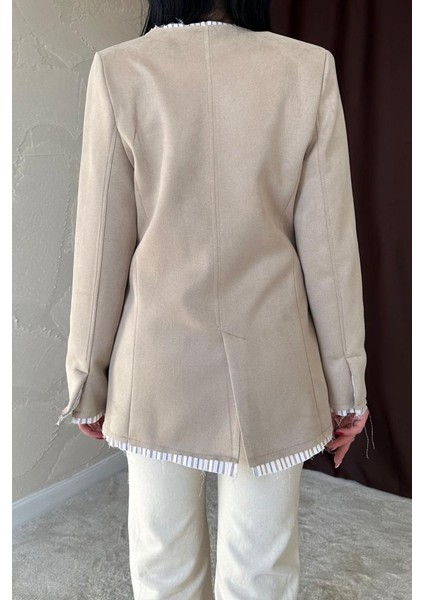 Fh Fashionhere Bej Çizgili Astarlı Garnili Süet Ceket