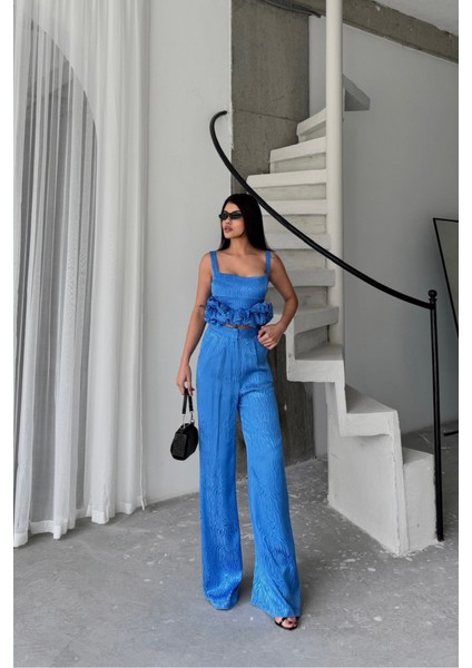 Fh Fashionhere Jakarlı Bluzu Tasarım Detaylı Ceket-Pantolon-Bluz 3 Lü Takım - Mavi